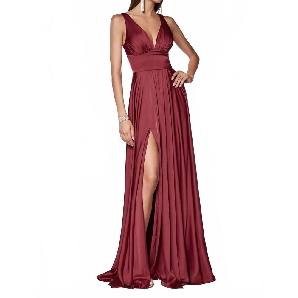 NEW LADIVINE long satin a-line dress with slit in burgundy